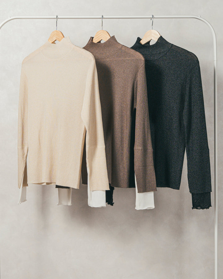 ［SET］袖レイヤードラメリブタートルニット+モヘアタッチKnitビスチェ+センターシーム リラックスカラーデニム（3SET）