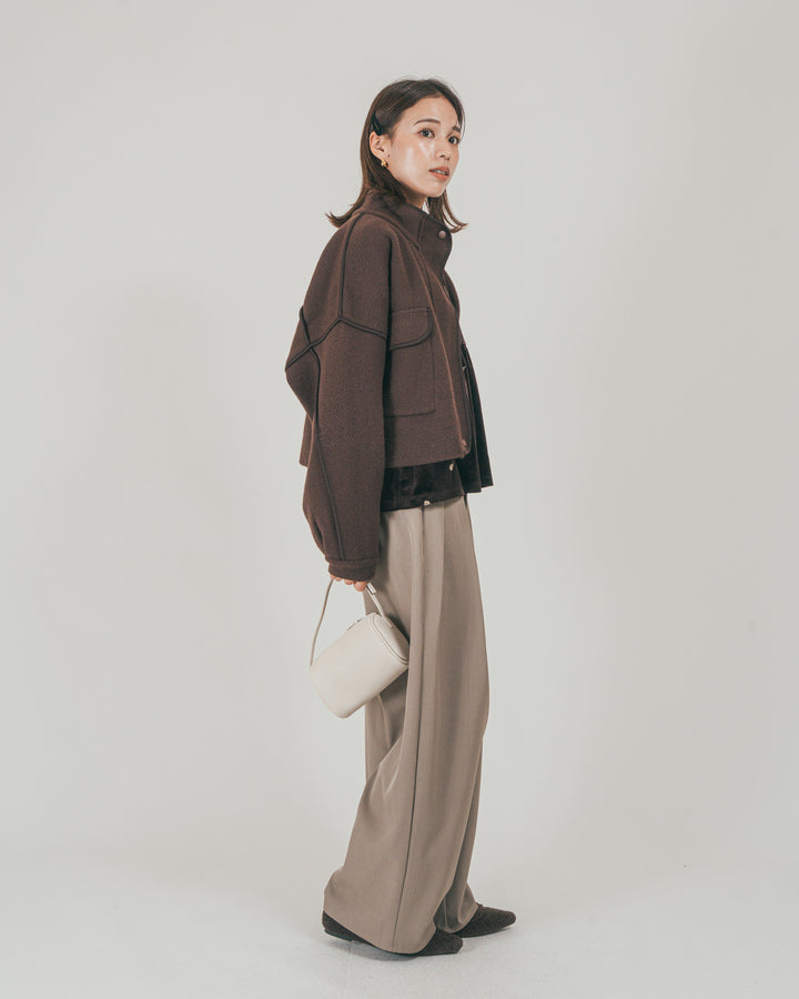 ［SET］Softショートニットブルゾン + ダブルタック ハイウエストワイドパンツ（2SET）