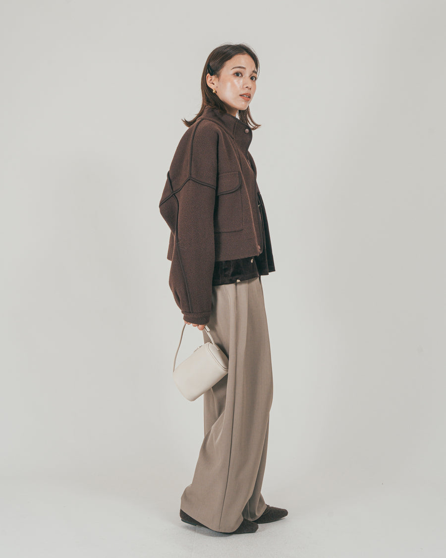 ［SET］Softショートニットブルゾン + ダブルタック ハイウエストワイドパンツ（2SET）