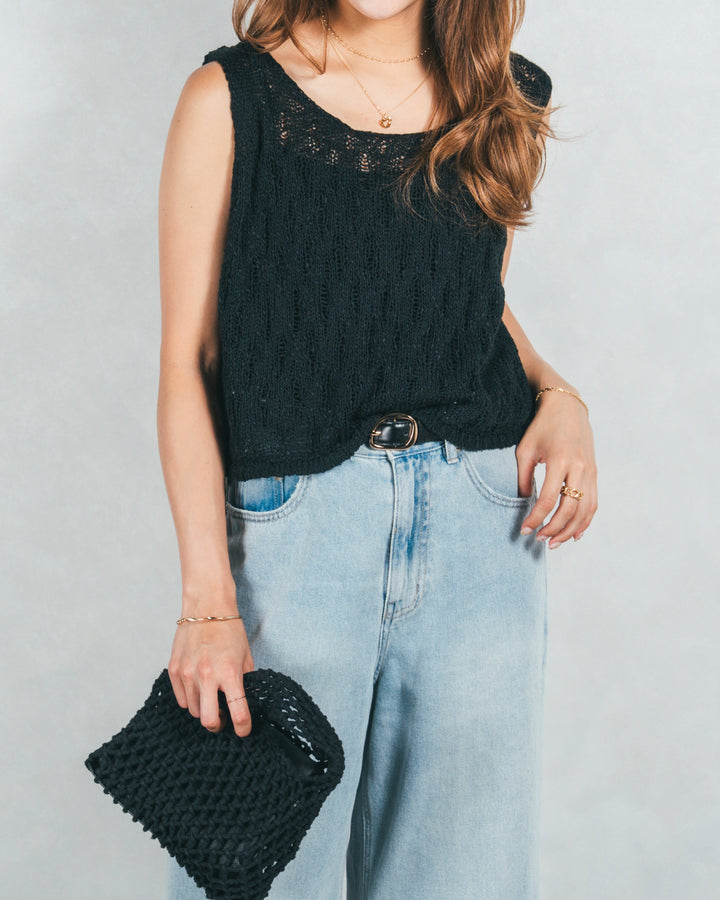 透かし編みクロップドニットベスト (BLACK)