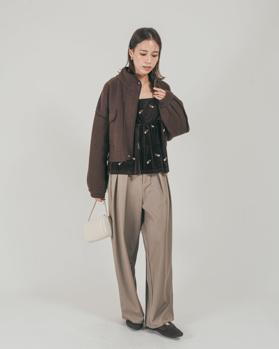 ［SET］Softショートニットブルゾン + ダブルタック ハイウエストワイドパンツ（2SET）