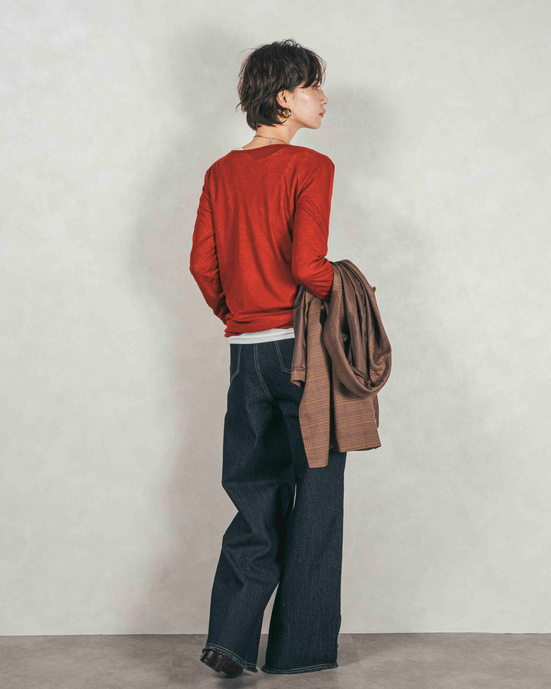 ［SET］Sheerリブヘンリーネックトップス+センターシーム リラックスカラーデニム（2SET）