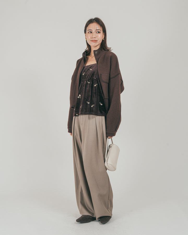 ［SET］Softショートニットブルゾン + ダブルタック ハイウエストワイドパンツ（2SET）