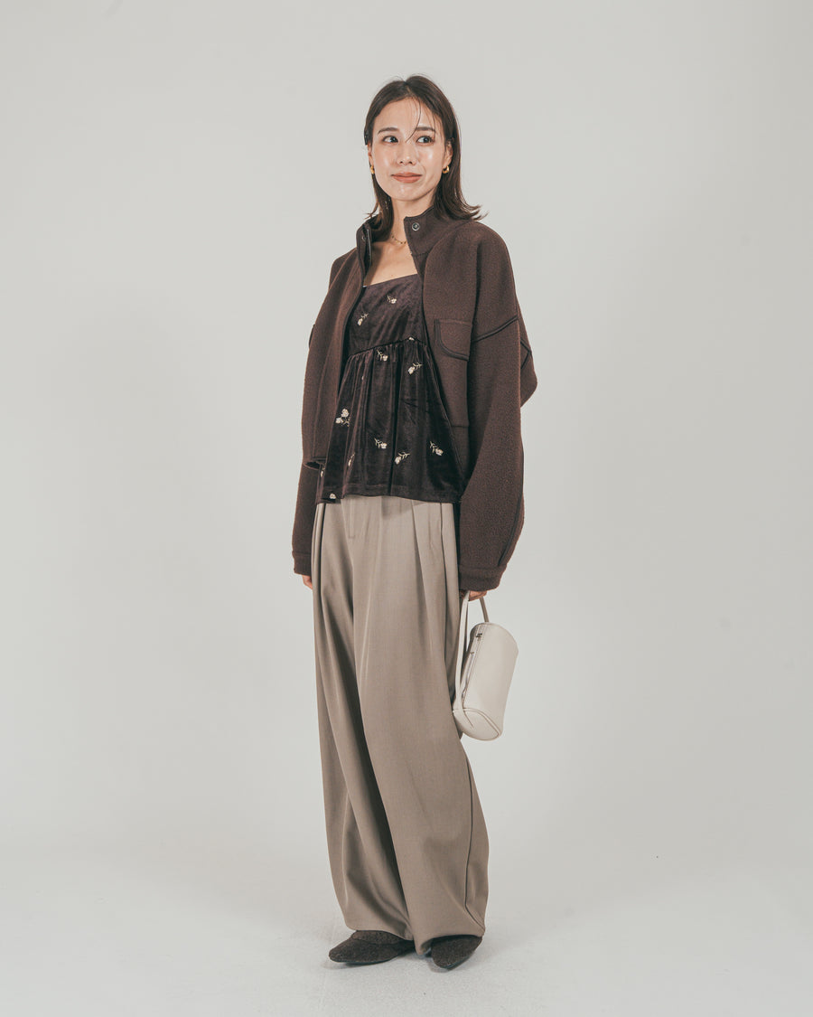 ［SET］Softショートニットブルゾン + ダブルタック ハイウエストワイドパンツ（2SET）