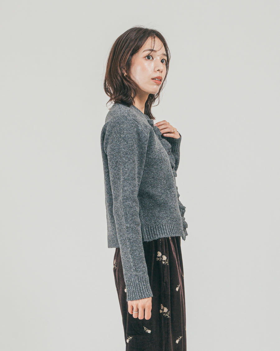 ［SET］フロントフリルメランジニットカーデ + Flower刺繍 ベロアパンツ（2SET）