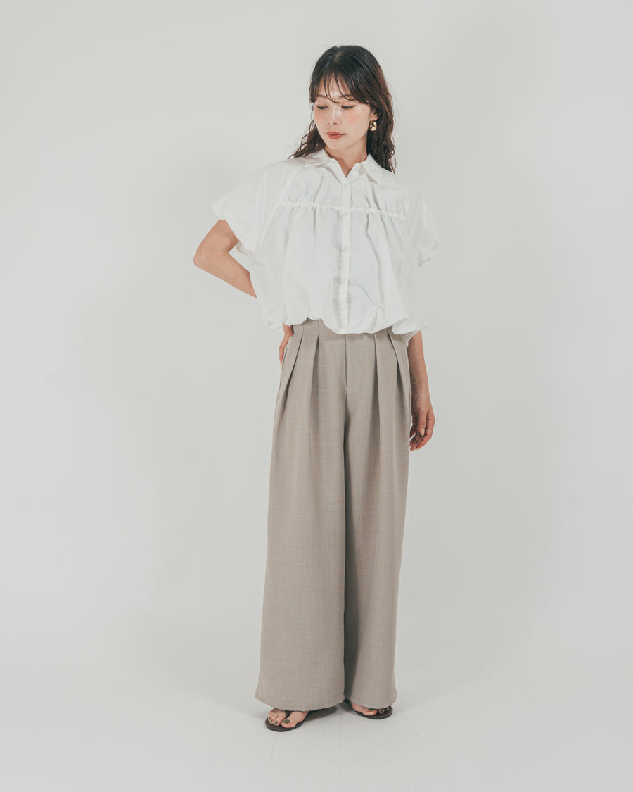 ［SET］バルーンShirringハーフスリーブシャツ + スラブTweedタックワイドパンツ（2SET）