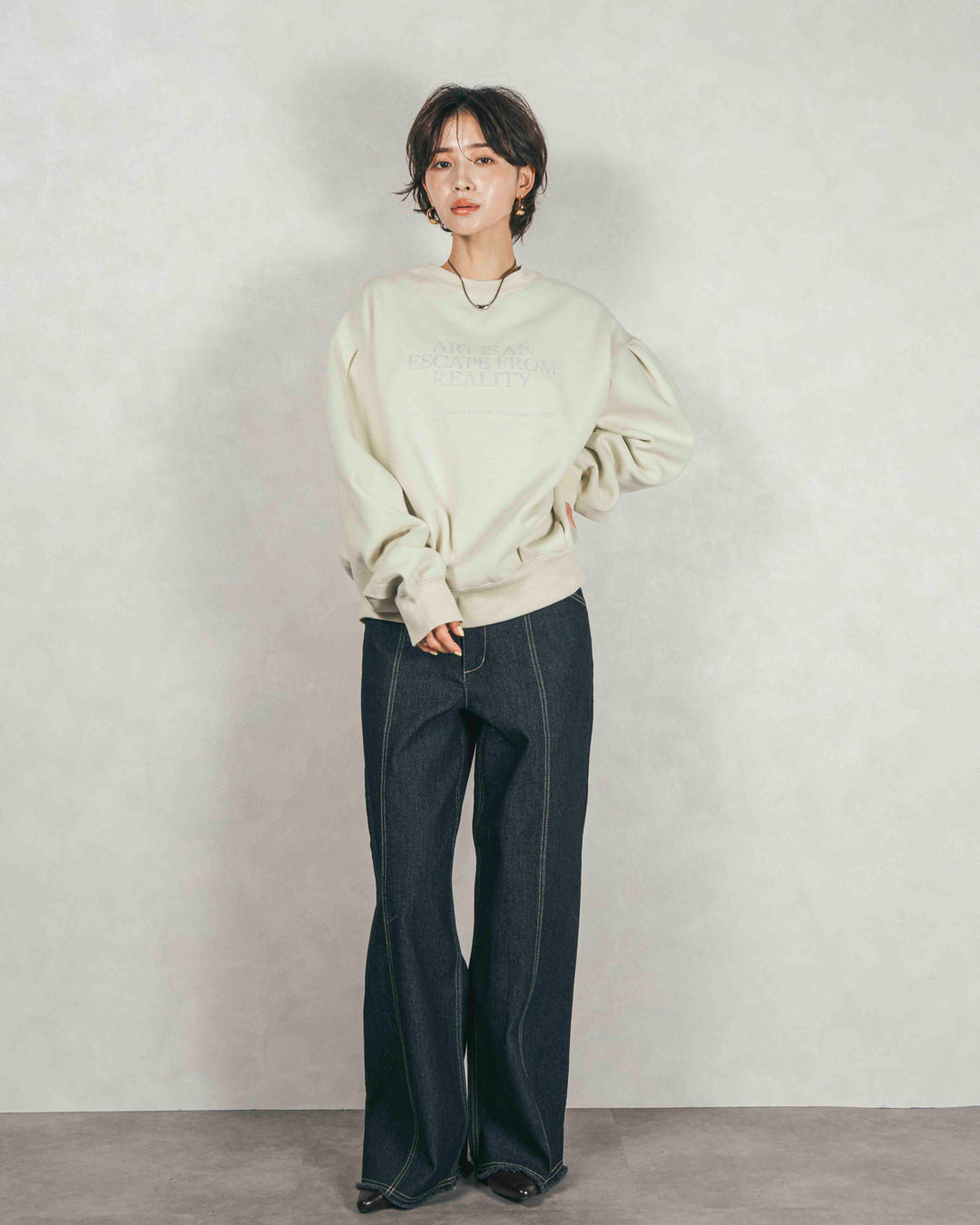 ［SET］裏起毛フロッキーLogoスウェット+センターシーム リラックスカラーデニム（2SET）