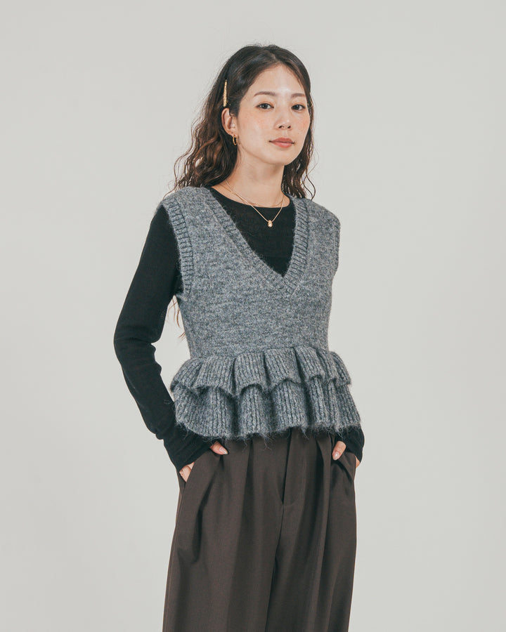 ［SET］2Way モヘアダブルFrillベスト + ダブルタック ハイウエストワイドパンツ（2SET）