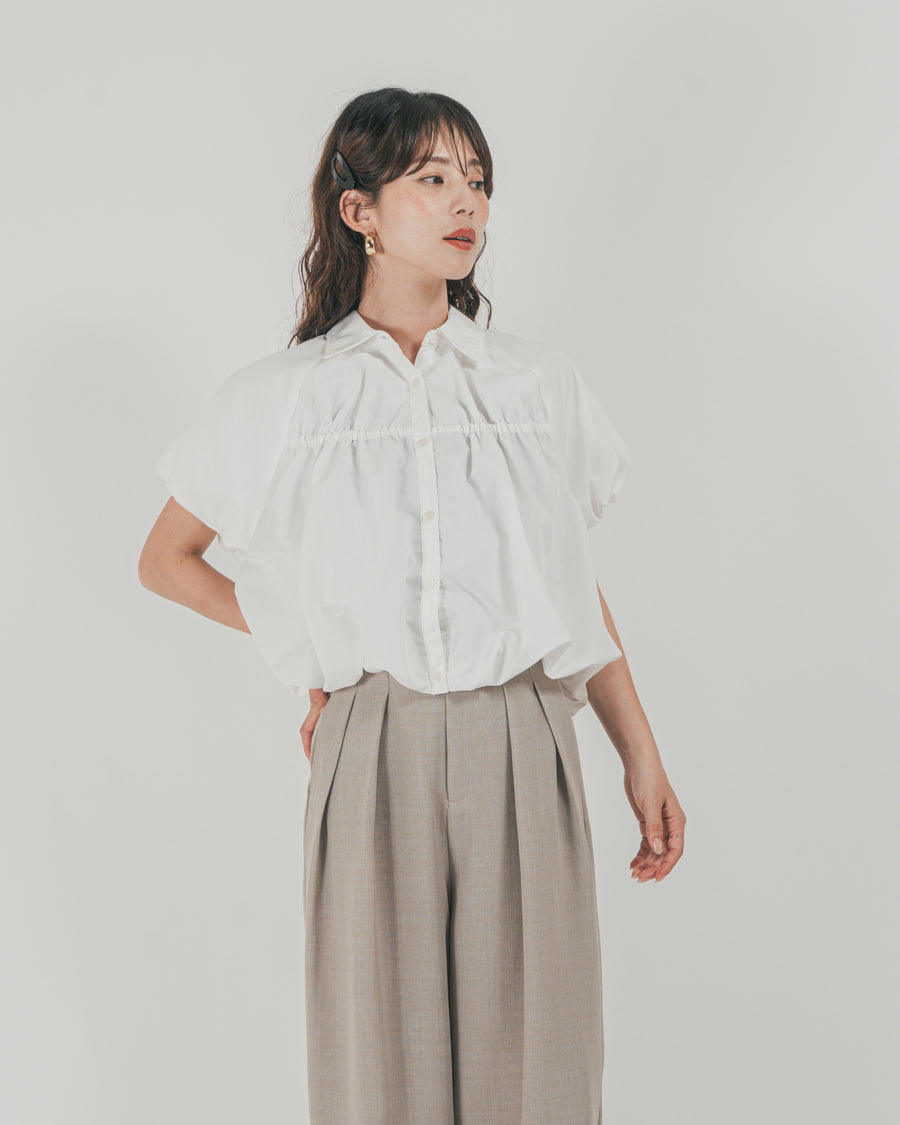 ［SET］バルーンShirringハーフスリーブシャツ + スラブTweedタックワイドパンツ（2SET）