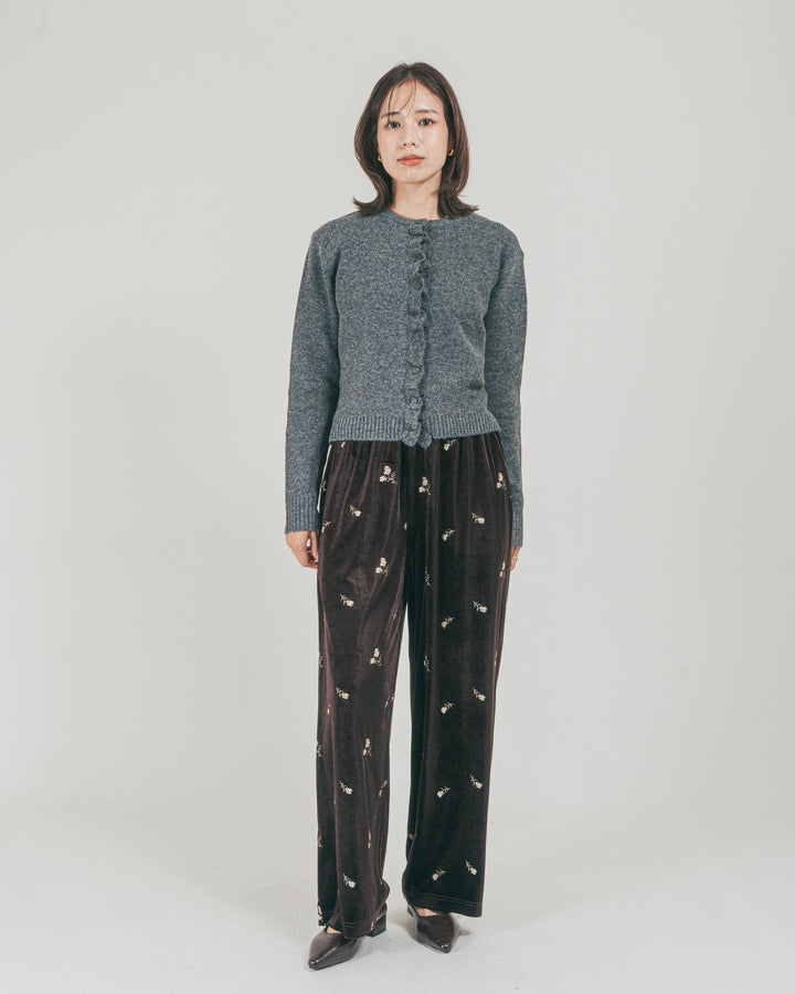 ［SET］フロントフリルメランジニットカーデ + Flower刺繍 ベロアパンツ（2SET）