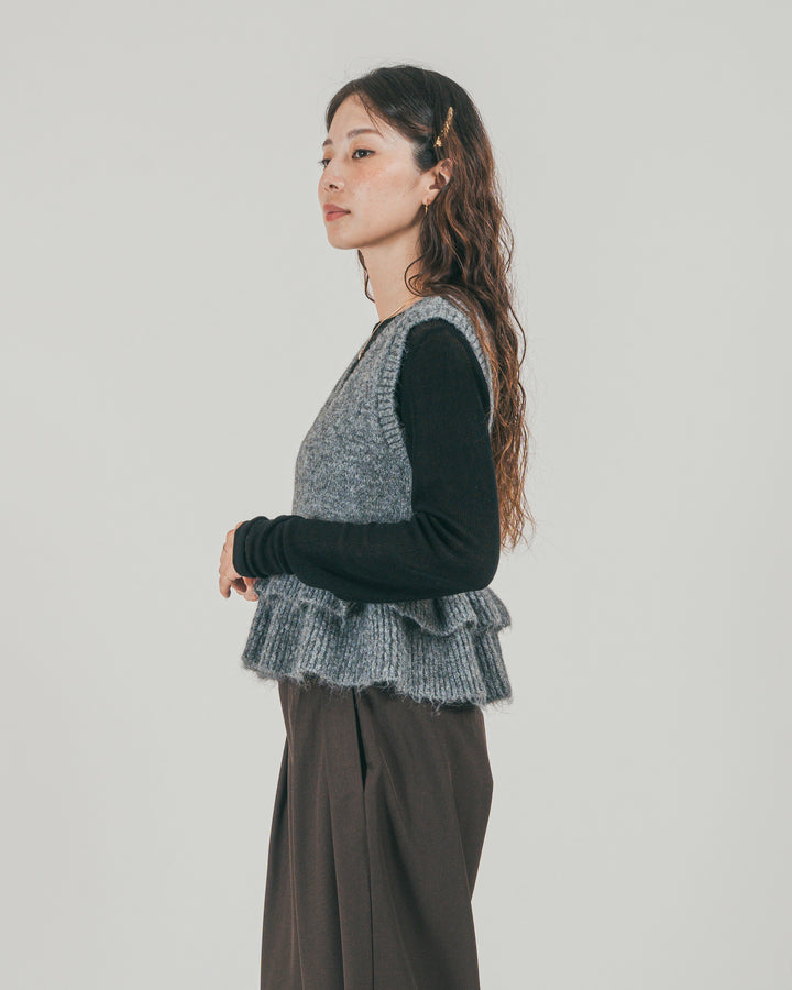 ［SET］2Way モヘアダブルFrillベスト + ダブルタック ハイウエストワイドパンツ（2SET）
