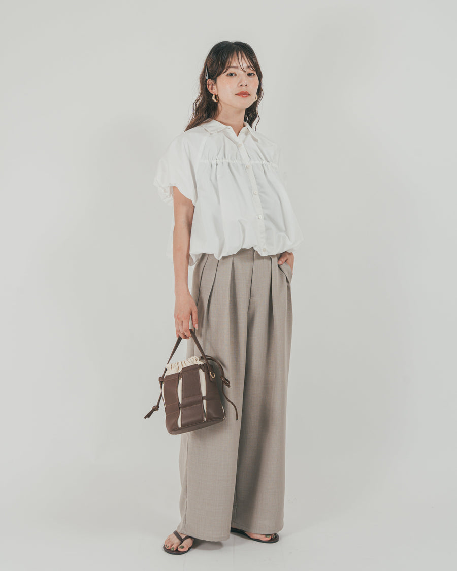 ［SET］バルーンShirringハーフスリーブシャツ + スラブTweedタックワイドパンツ（2SET）