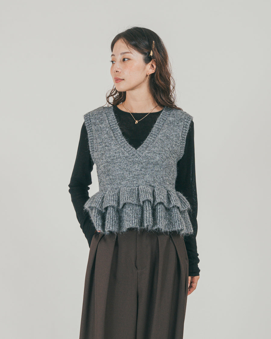 ［SET］2Way モヘアダブルFrillベスト + ダブルタック ハイウエストワイドパンツ（2SET）