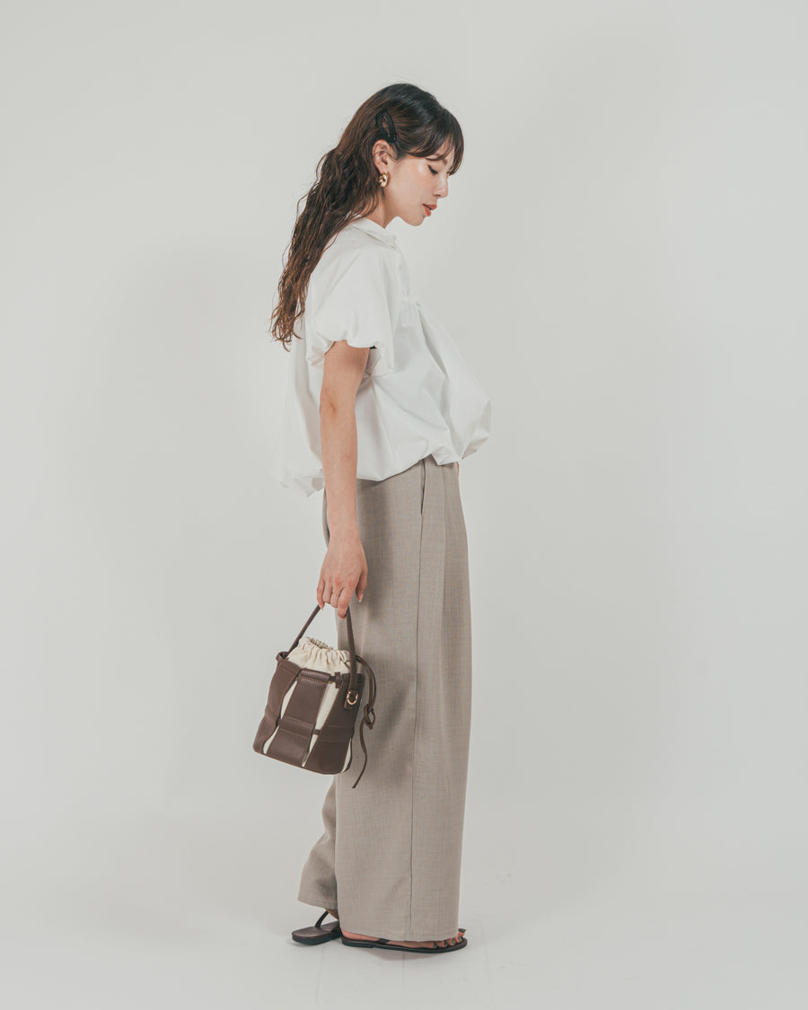 ［SET］バルーンShirringハーフスリーブシャツ + スラブTweedタックワイドパンツ（2SET）