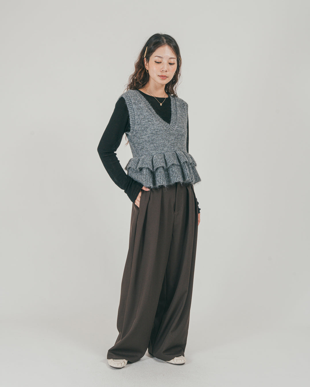 ［SET］2Way モヘアダブルFrillベスト + ダブルタック ハイウエストワイドパンツ（2SET）
