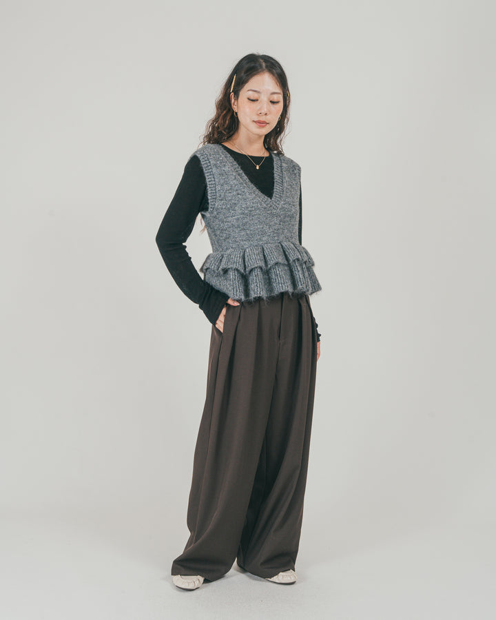 ［SET］2Way モヘアダブルFrillベスト + ダブルタック ハイウエストワイドパンツ（2SET）