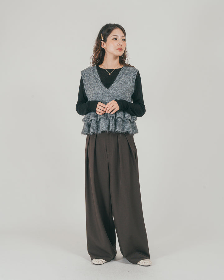 ［SET］2Way モヘアダブルFrillベスト + ダブルタック ハイウエストワイドパンツ（2SET）