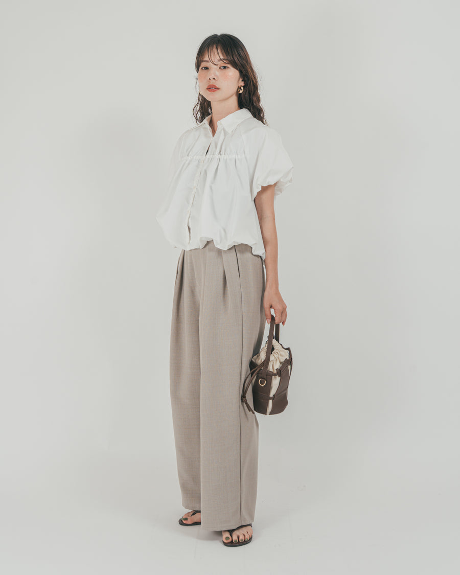 ［SET］バルーンShirringハーフスリーブシャツ + スラブTweedタックワイドパンツ（2SET）