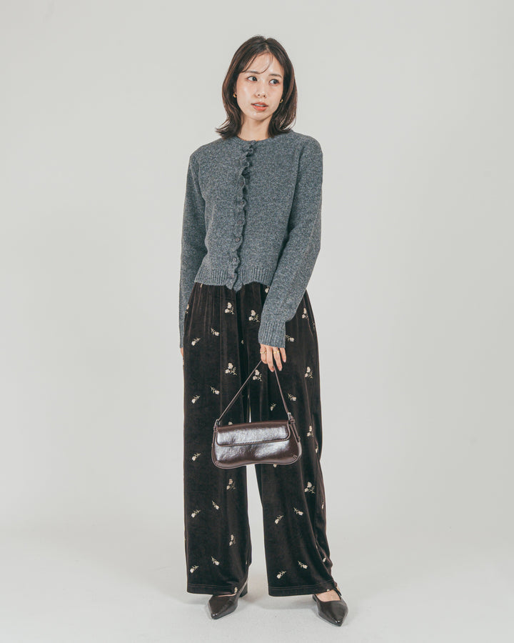 ［SET］フロントフリルメランジニットカーデ + Flower刺繍 ベロアパンツ（2SET）