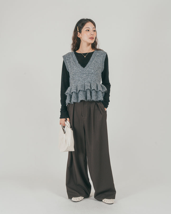 ［SET］2Way モヘアダブルFrillベスト + ダブルタック ハイウエストワイドパンツ（2SET）