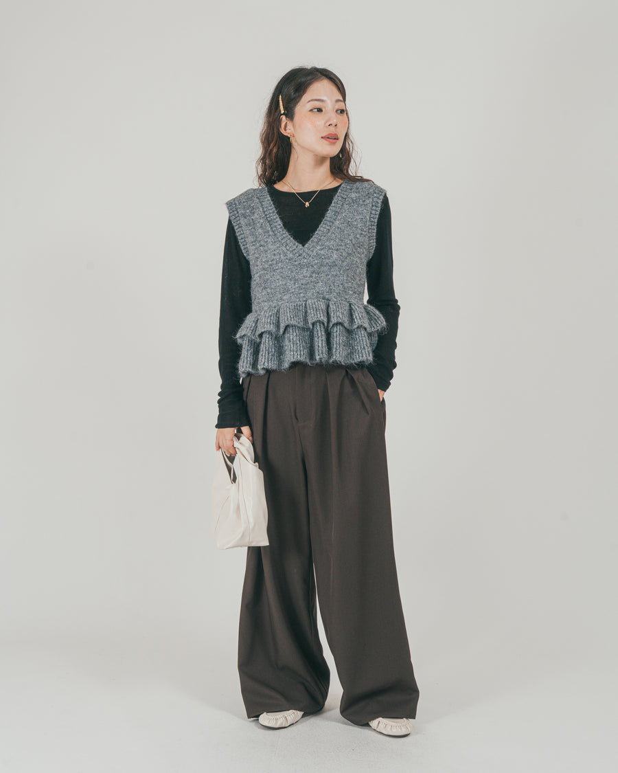 ［SET］2Way モヘアダブルFrillベスト + ダブルタック ハイウエストワイドパンツ（2SET）