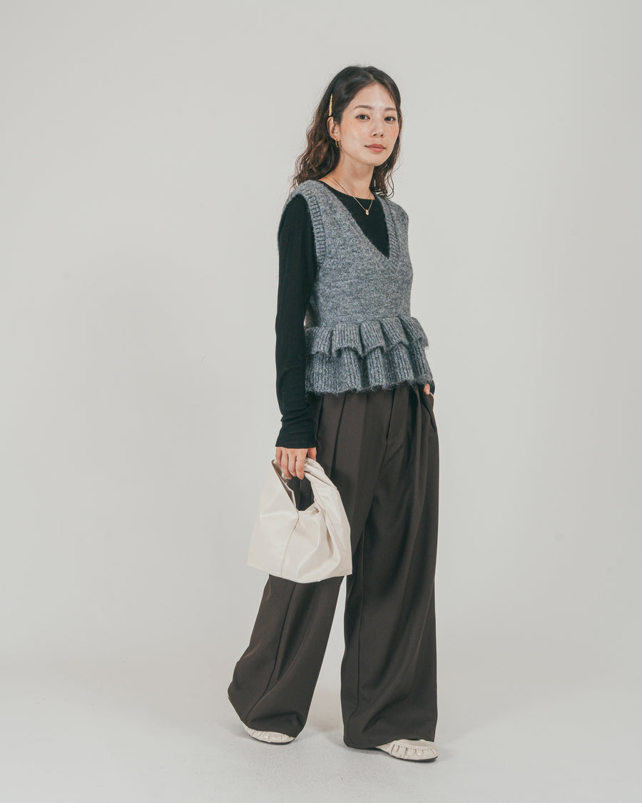 ［SET］2Way モヘアダブルFrillベスト + ダブルタック ハイウエストワイドパンツ（2SET）