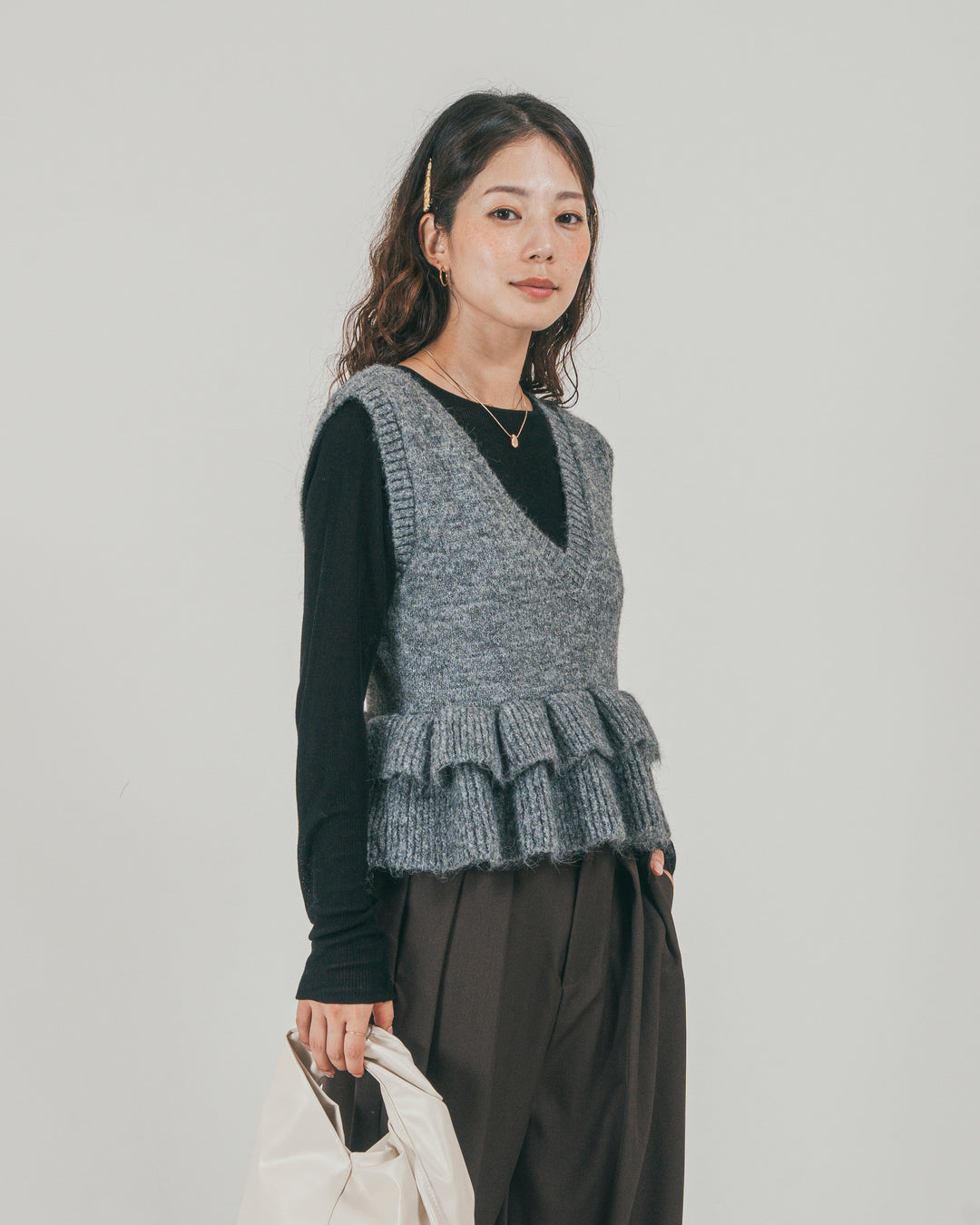 ［SET］2Way モヘアダブルFrillベスト + ダブルタック ハイウエストワイドパンツ（2SET）