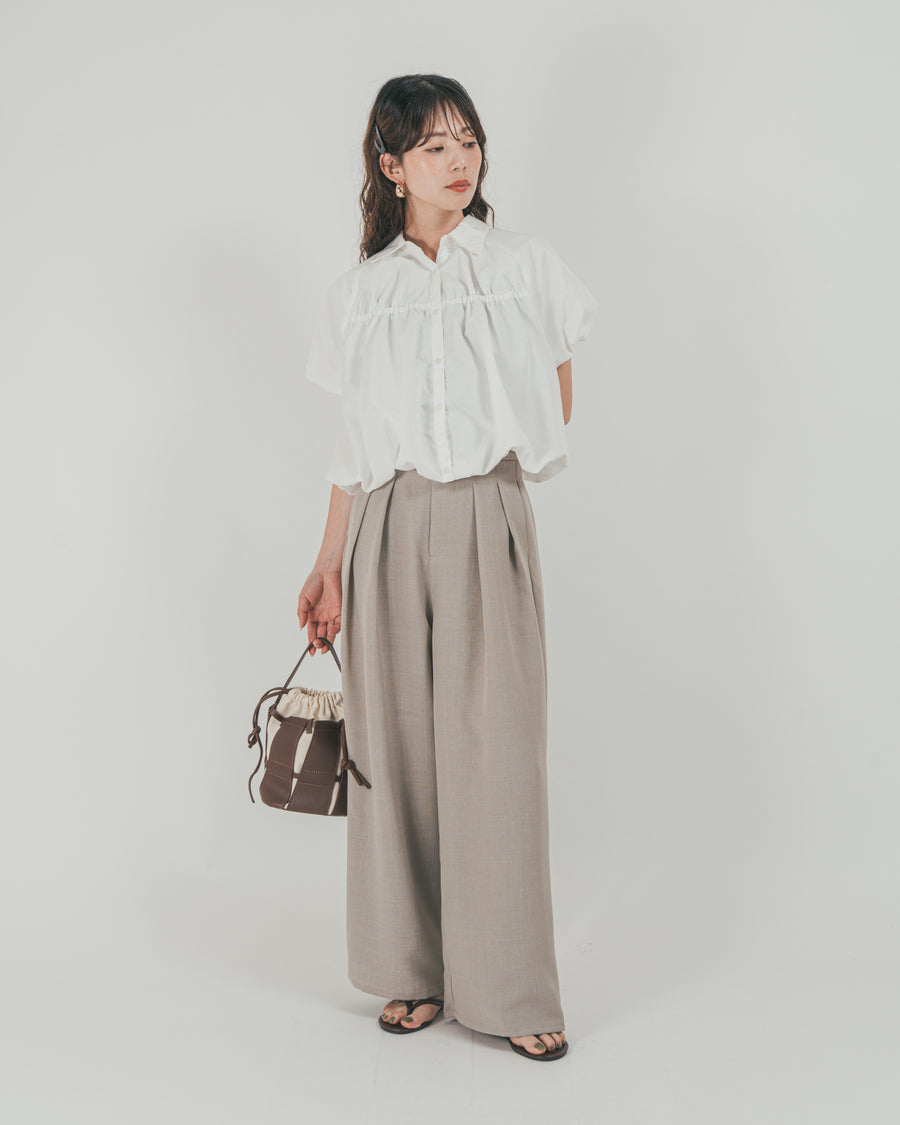 ［SET］バルーンShirringハーフスリーブシャツ + スラブTweedタックワイドパンツ（2SET）