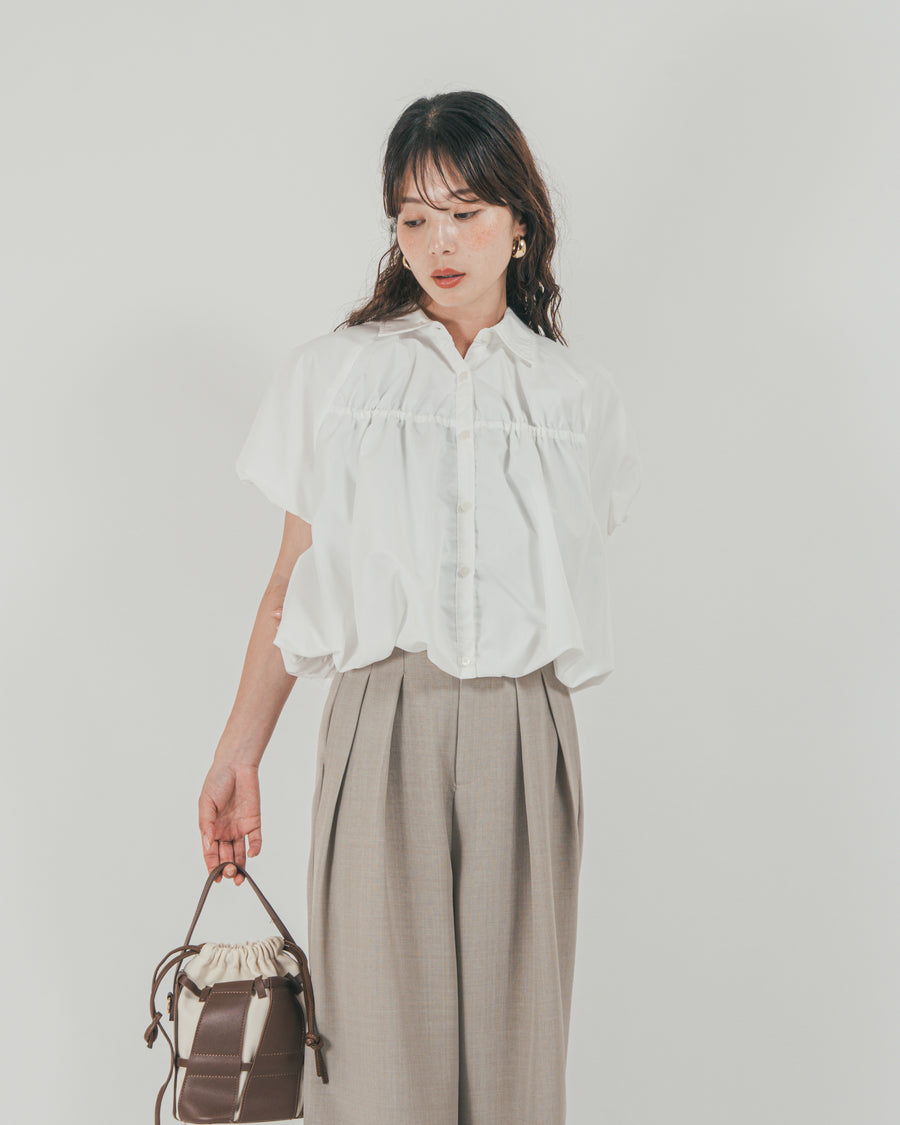 ［SET］バルーンShirringハーフスリーブシャツ + スラブTweedタックワイドパンツ（2SET）