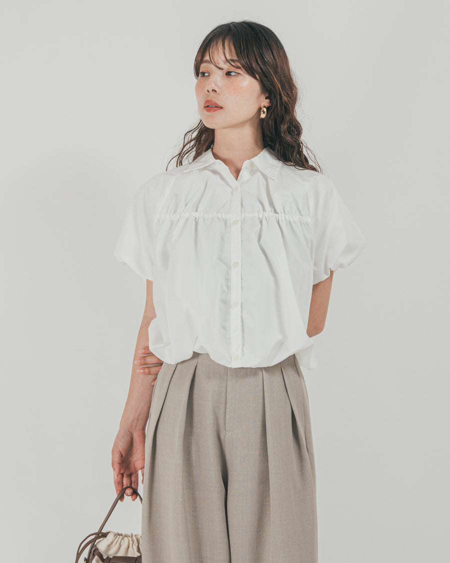 ［SET］バルーンShirringハーフスリーブシャツ + スラブTweedタックワイドパンツ（2SET）