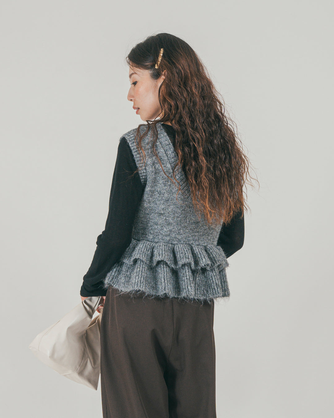 ［SET］2Way モヘアダブルFrillベスト + ダブルタック ハイウエストワイドパンツ（2SET）