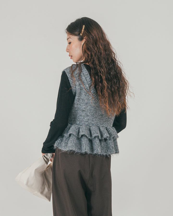 ［SET］2Way モヘアダブルFrillベスト + ダブルタック ハイウエストワイドパンツ（2SET）