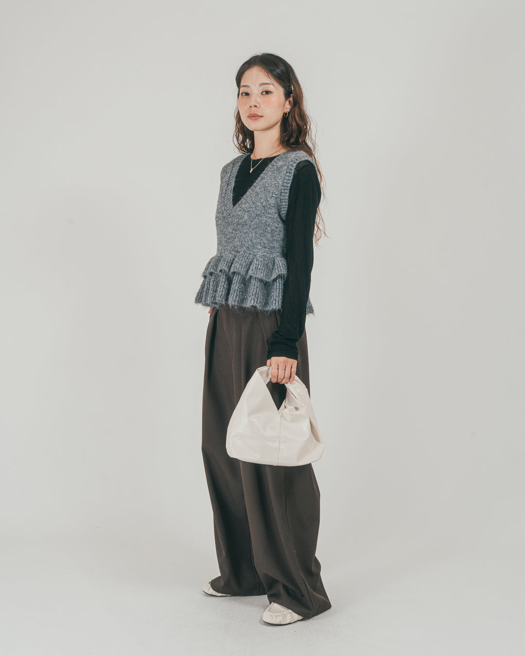 ［SET］2Way モヘアダブルFrillベスト + ダブルタック ハイウエストワイドパンツ（2SET）