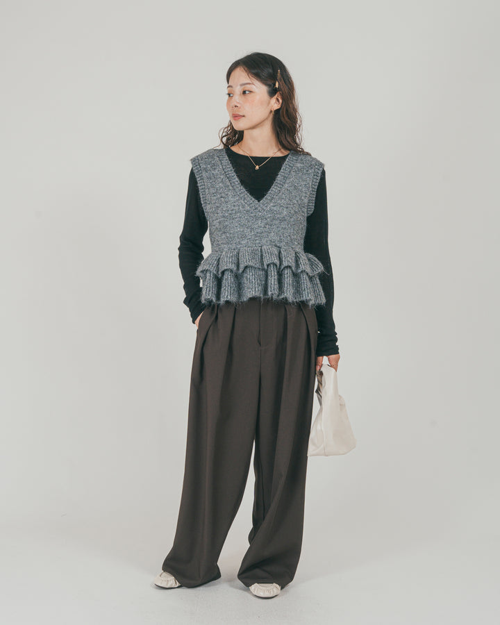 ［SET］2Way モヘアダブルFrillベスト + ダブルタック ハイウエストワイドパンツ（2SET）