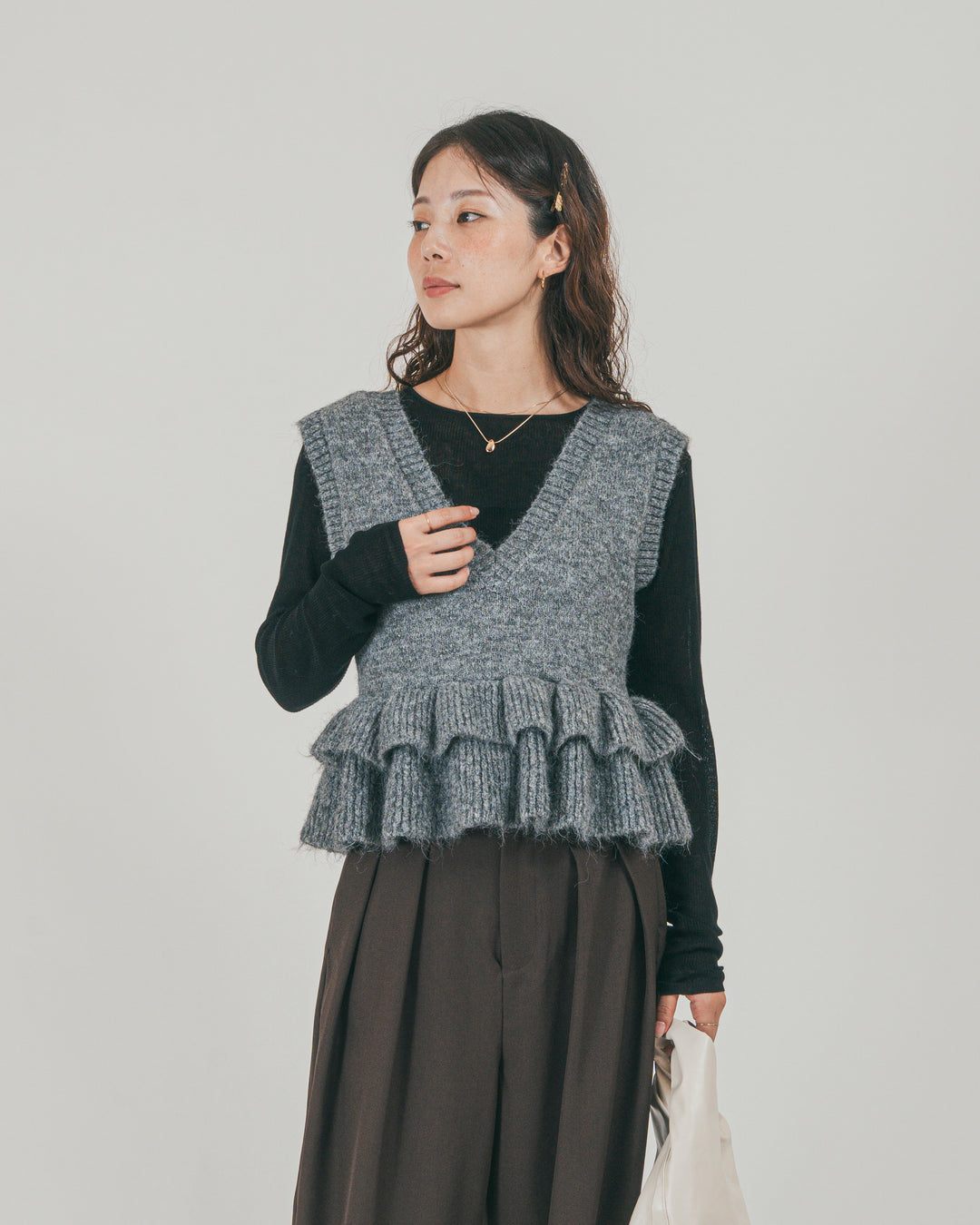 ［SET］2Way モヘアダブルFrillベスト + ダブルタック ハイウエストワイドパンツ（2SET）
