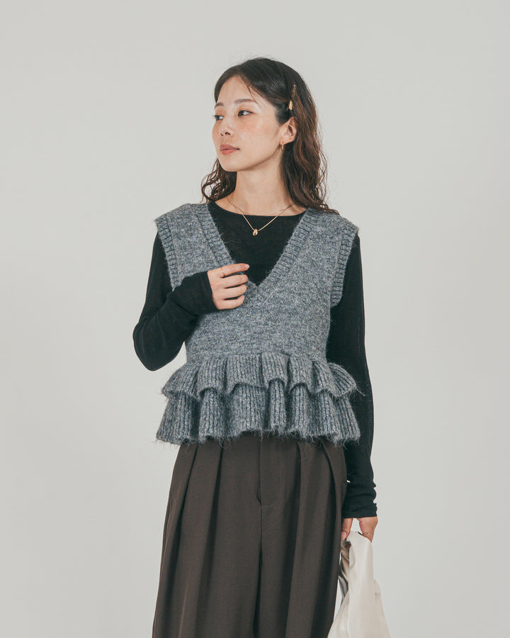 ［SET］2Way モヘアダブルFrillベスト + ダブルタック ハイウエストワイドパンツ（2SET）