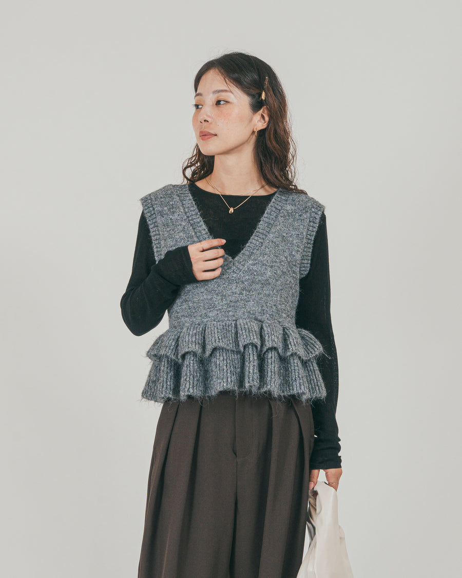 ［SET］2Way モヘアダブルFrillベスト + ダブルタック ハイウエストワイドパンツ（2SET）