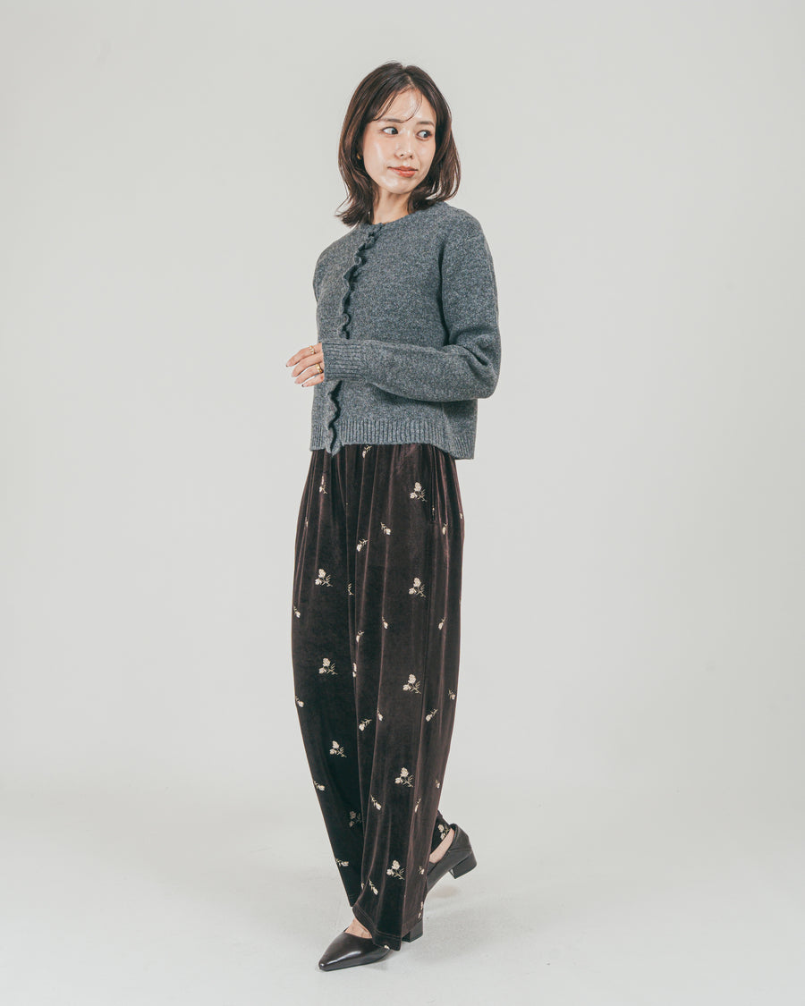 ［SET］フロントフリルメランジニットカーデ + Flower刺繍 ベロアパンツ（2SET）