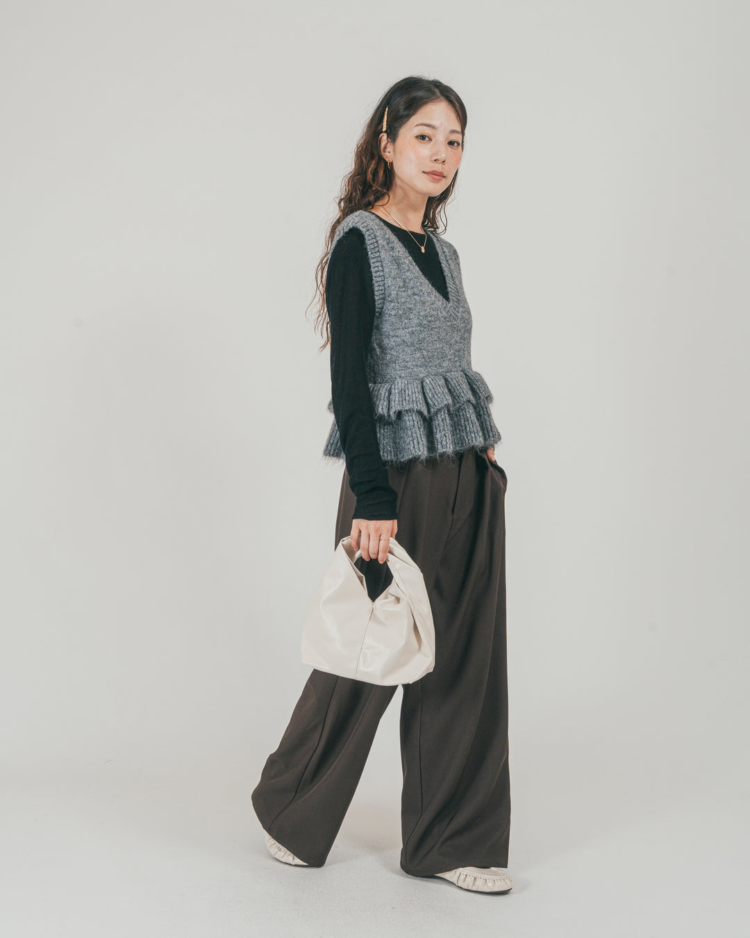 ［SET］2Way モヘアダブルFrillベスト + ダブルタック ハイウエストワイドパンツ（2SET）