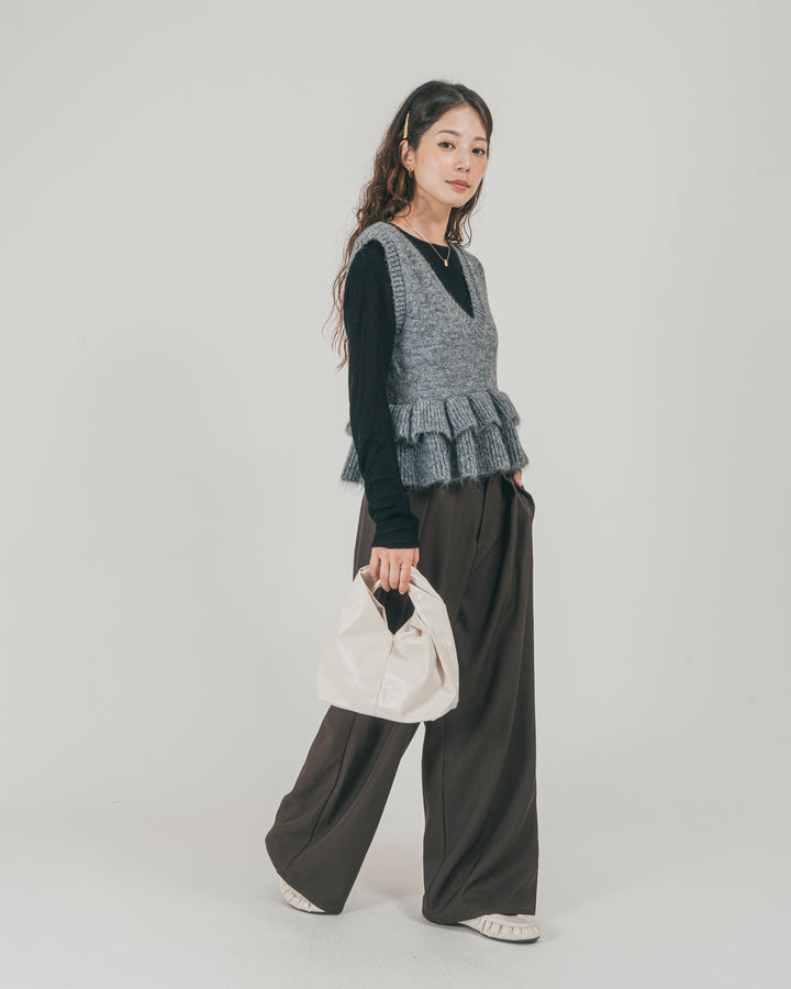 ［SET］2Way モヘアダブルFrillベスト + ダブルタック ハイウエストワイドパンツ（2SET）