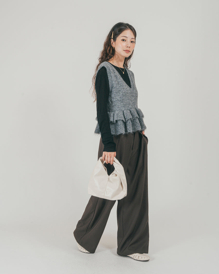 ［SET］2Way モヘアダブルFrillベスト + ダブルタック ハイウエストワイドパンツ（2SET）