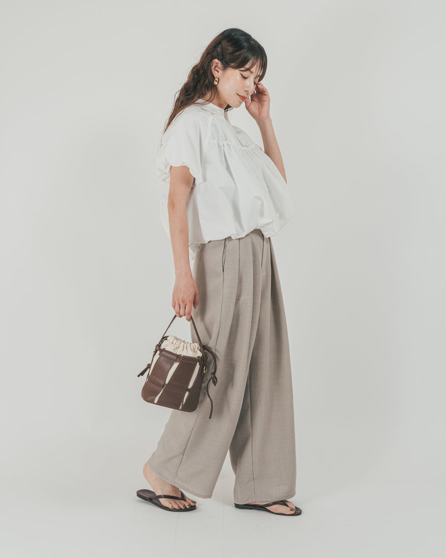 ［SET］バルーンShirringハーフスリーブシャツ + スラブTweedタックワイドパンツ（2SET）