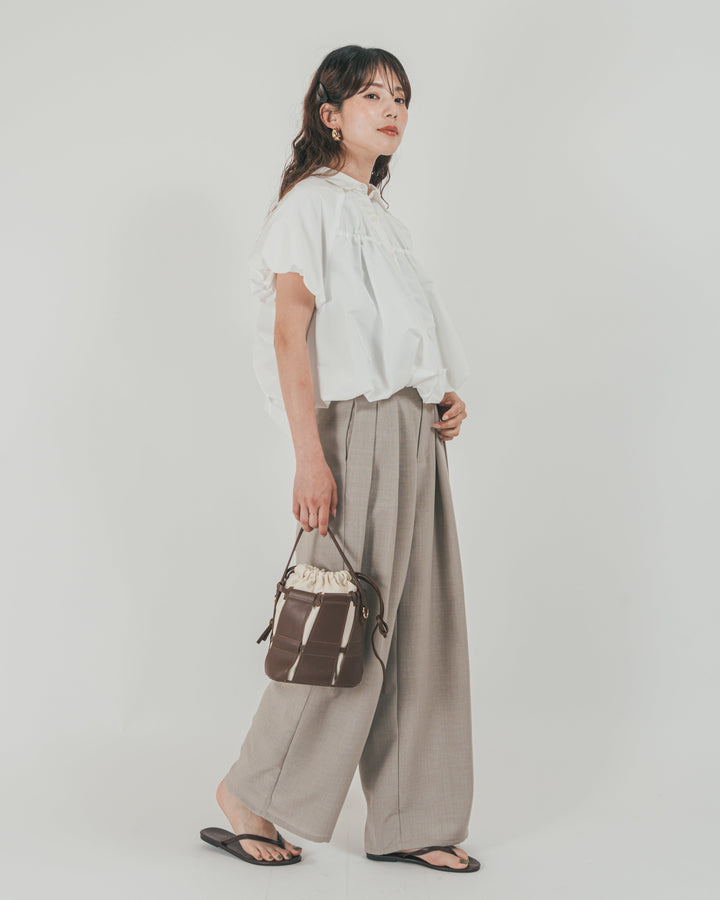 ［SET］バルーンShirringハーフスリーブシャツ + スラブTweedタックワイドパンツ（2SET）