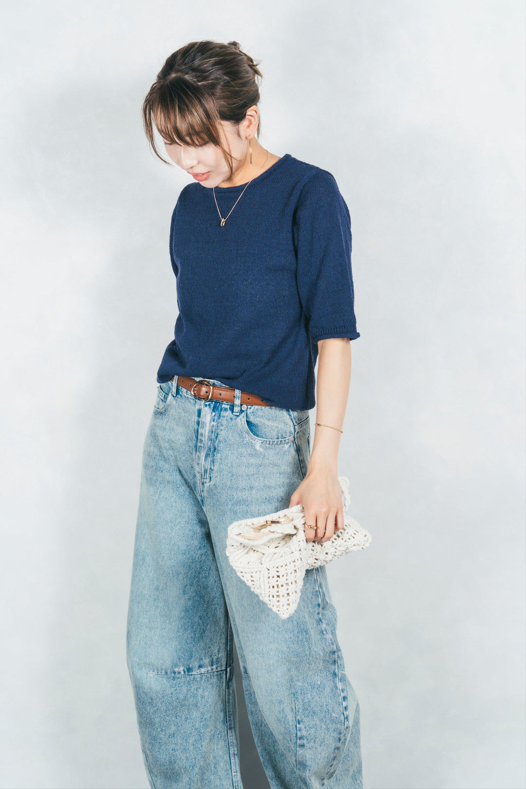 ［予約］スラブカールデザインニットT (NAVY)