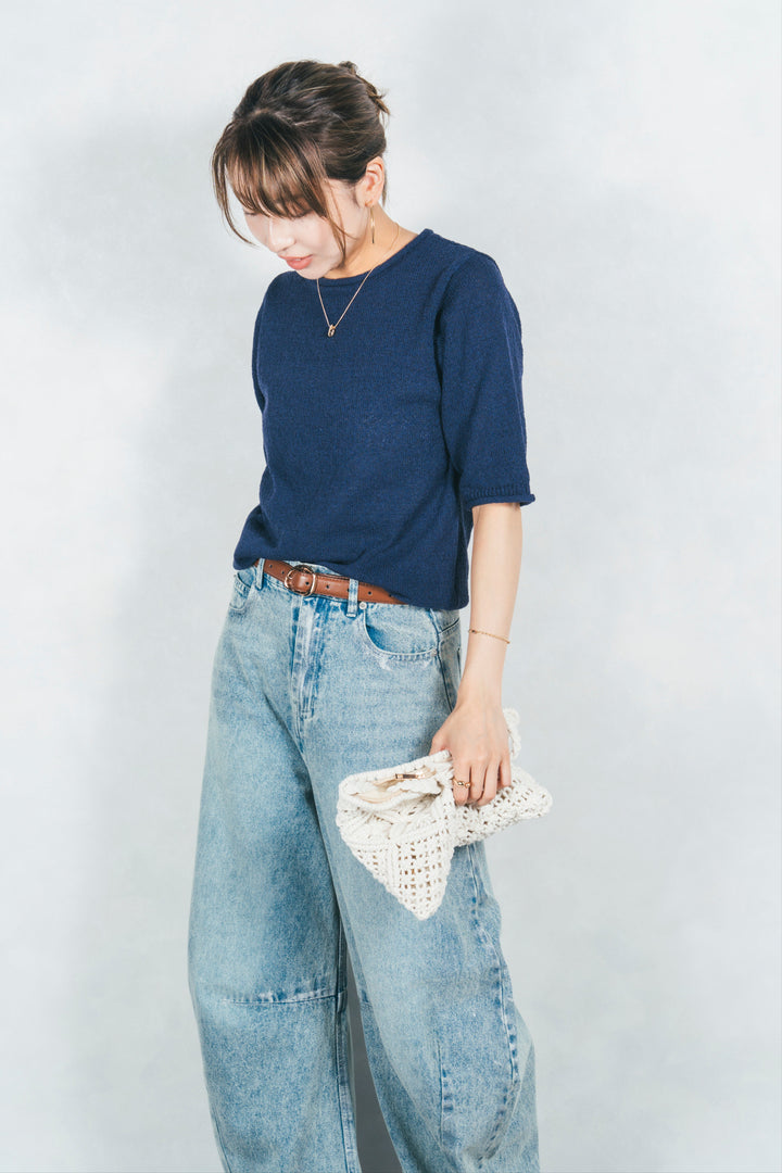 ［予約］スラブカールデザインニットT (NAVY)