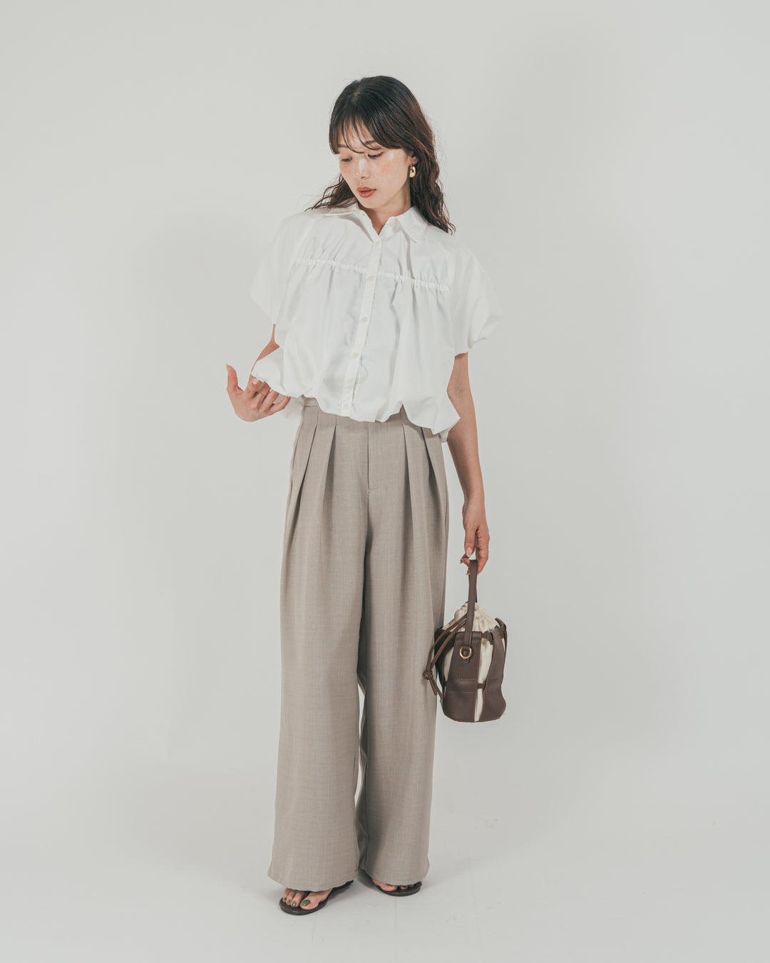 スラブTweedタックワイドパンツ