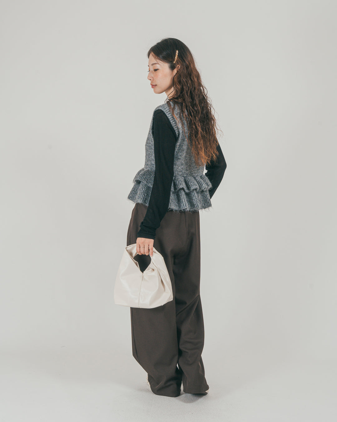 ［SET］2Way モヘアダブルFrillベスト + ダブルタック ハイウエストワイドパンツ（2SET）