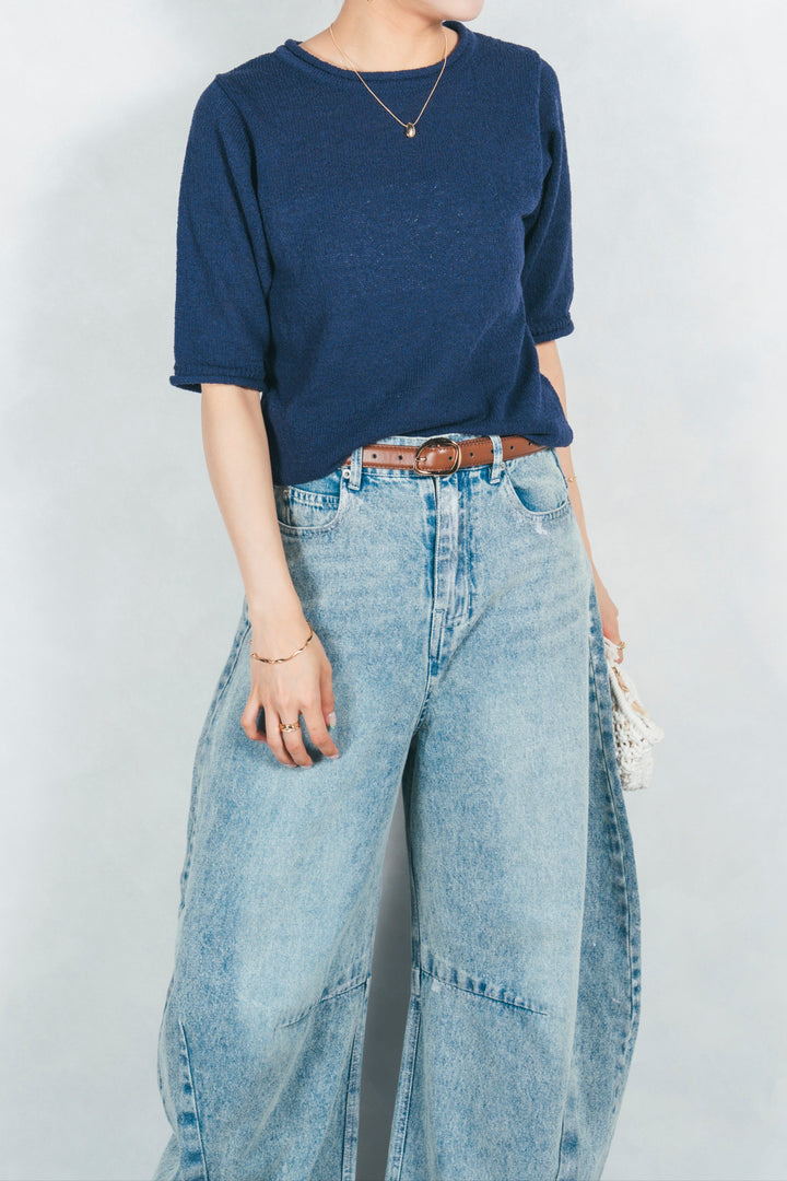 ［予約］スラブカールデザインニットT (NAVY)