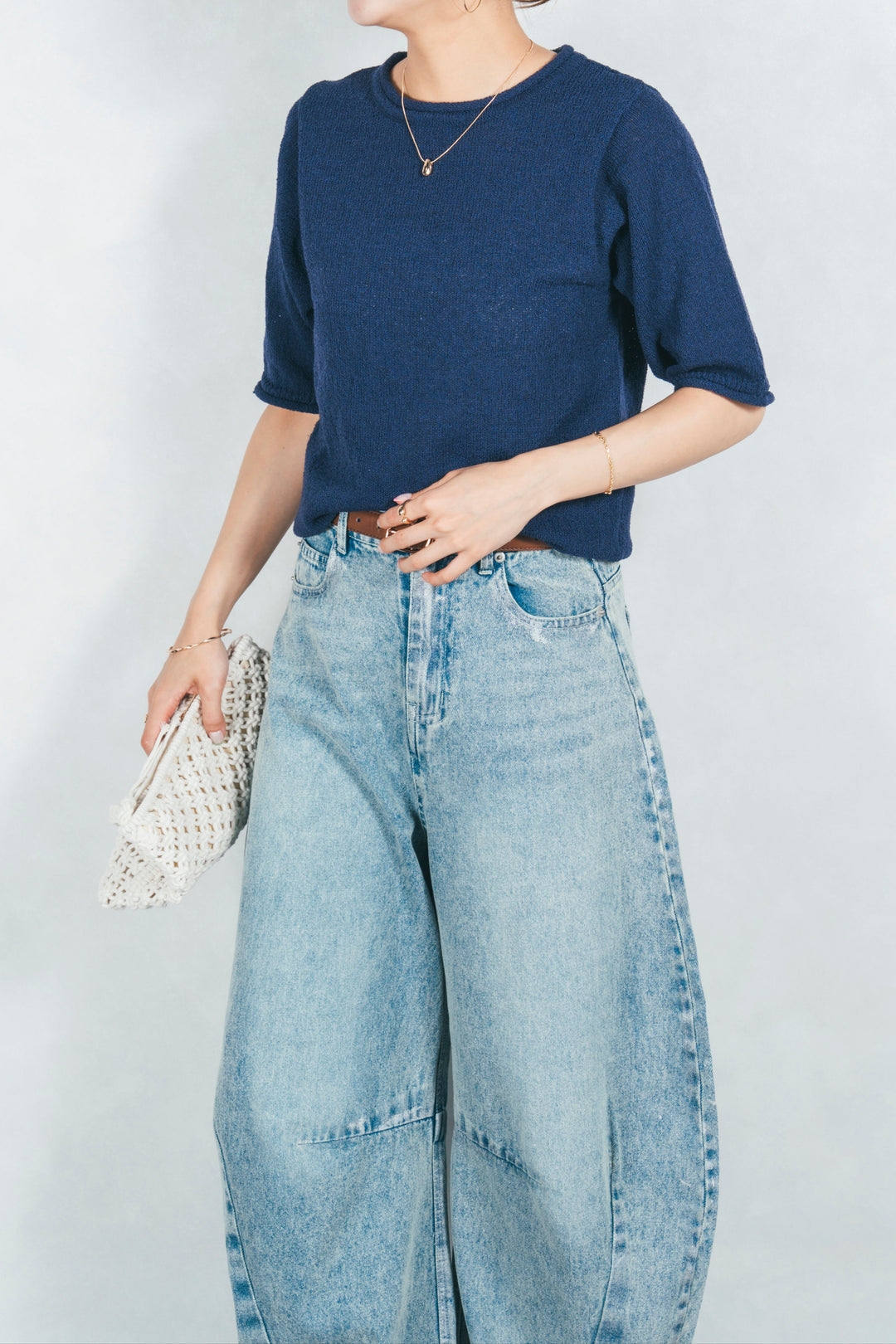 ［予約］スラブカールデザインニットT (NAVY)