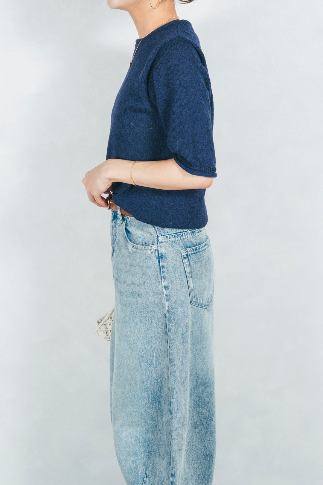 ［予約］スラブカールデザインニットT (NAVY)